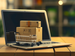 Online shopping e-commerce and customer experience concept: cashiers with shopping cart on a laptop keyboard, depict shopper consumers buy or purchase goods and services at home or office - obrazy, fototapety, plakaty