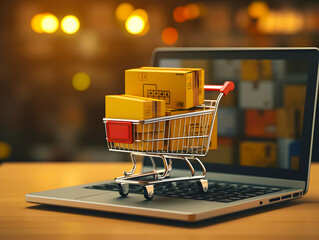 Online shopping e-commerce and customer experience concept: cashiers with shopping cart on a laptop...