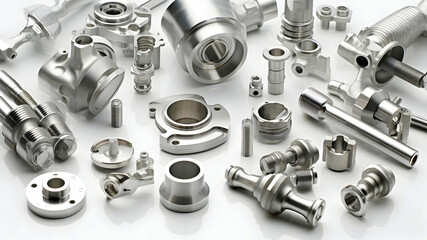 chromeplated bolts and nuts on white background