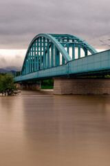 Zagreb city Hendrix railway bridge photographed against flooded Sava river after water level rised after devastating storm and heavy rain in Slovenia