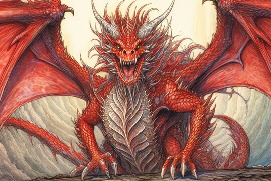 Fiery Red Dragon Drawings: Majestic, Intricate Scales, Epic Battle Stance, generative AI