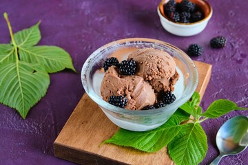 Two scoops of chocolate ice cream in a glass bowl, topped with fresh blackberries and chocolate chips, on a purple concrete background. Homemade ice cream recipes.