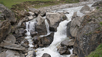 Mountain river and water cascading over rocks, in Neelum valley, Jammu Kashmir during the summer 