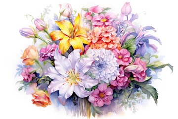 Exquisite Watercolor Flower Drawings: Bouquet in a Variety of Colors, Fragrance Filling the Air, generative AI