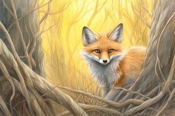 Obraz premium Misty Forest Encounter: Curious Fox with Fiery Orange Fur and Intelligent Eyes, generative AI