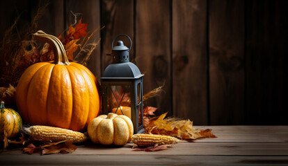 Thanksgiving Day Festive Autumn Still Life Banner With a Pumpkins, Corn on the Cob, Leaves and a Lantern on Dark Wooden Table on Brown Background