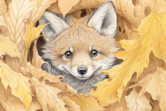 Sly and Curious Fox Peeking out from Behind Autumn Leaves: A Playful Display of Mischief and Intelligence in a Stunning Drawing, generative AI