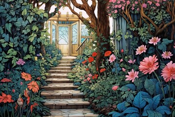 Enchanting Secret Garden: Blooming Flowers, Whimsical Pathways, and Sunlit Retreat in a Captivating Garden Drawing, generative AI