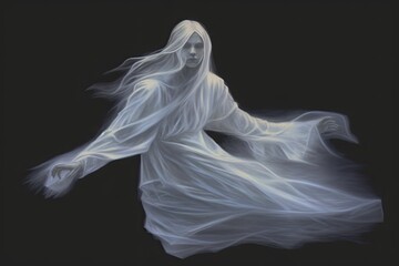 Fototapeta premium Ethereal Ghostly Figure: Translucent White, Gracefully Floating- Haunting Beauty, generative AI