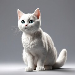 Obraz premium White cat with blue eyes sitting on gray background. 3D rendering.