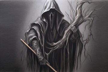 Cloaked in Shadows: Enigmatic Presence of a Mysterious Grim Reaper, Scythe Gleaming, generative AI