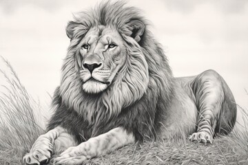 Powerful Lion Drawing: Golden-Maned Majesty Resting in the Savannah, generative AI