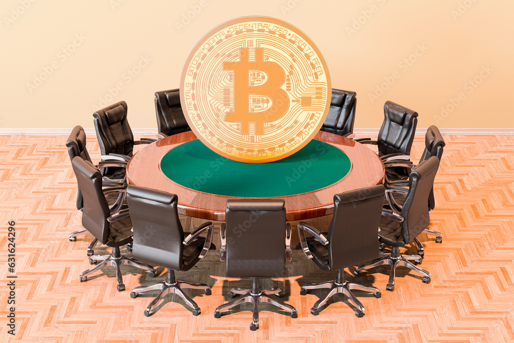 Poster round table with bitcoin and armchairs around, 3d rendering