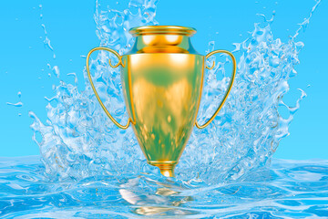 Gold trophy cup award with water splashes, 3D rendering