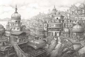 Fototapeta na wymiar Intricate Pencil Sketches: Bringing Urban Landscapes to Life with Detailed Lines, generative AI