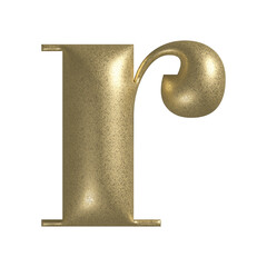 Letter R realistic gold 3d texture. Metal, inflate, lower case r serif font, isolated on transparent background.
