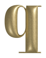 Letter Q realistic gold 3d texture. Metal, inflate, lower case q serif font, isolated on transparent background.