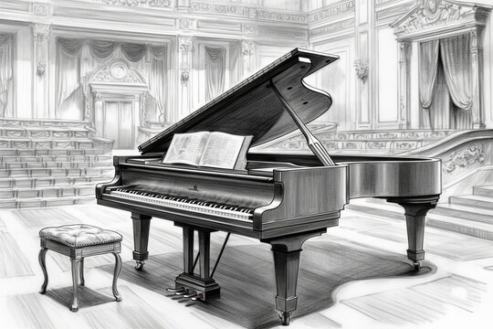 Lavish Concert Hall: An Elegant Grand Piano Drawing with Fingers Gliding over Ivory Keys, generative AI