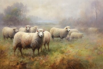 Flock of Fluffy Sheep: Tranquil Countryside Grazing, Harmonious and Peaceful, generative AI