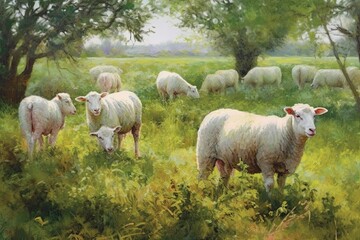 Verdant Meadow Delighted by Flock of Fluffy White Sheep: Serene Countryside Drawing, generative AI