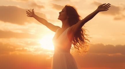 Beautiful smiling woman arms raised up to blue sky, celebrating freedom. Positive human emotions, feeling life perception success, peace of mind concept. Free, ai