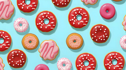 Colorful donut pattern on pastel blue background. Creative minimal summer concept.