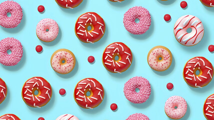 Colorful donut pattern on pastel blue background. Creative minimal summer concept.