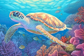 Fototapeta premium Aqua Blue Sea Turtle Drawing: Peaceful Gliding through Coral Reef with Patterned Shell, generative AI