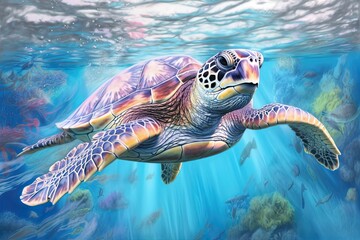Tranquility and Grace: Serene Sea Turtle Gliding through Crystal Clear Waters in a Coral Reef Paradise, generative AI