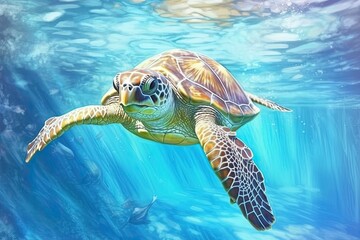 Obraz premium Tranquility and Grace: Serene Sea Turtle Gliding through Crystal Clear Waters in a Coral Reef Paradise, generative AI