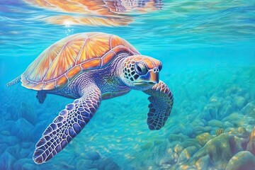 Fototapeta premium Tranquility and Grace: A Serene Sea Turtle Gliding through Turquoise Waters in a Coral Reef Paradise, generative AI