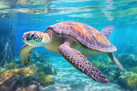Peaceful Sea Turtle: Gliding Through Crystal Clear Waters in a Coral Reef Haven - Unique Turtle Drawing, generative AI