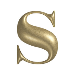 Letter S realistic gold 3d texture. Metal, inflate, lower case s serif font, isolated on transparent background.