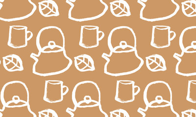 Vector pattern of items for tea drinking. Teapot, cup, leaves. White on beige, calligraphy, hand drawing, sketch, ink, East, Japan, China. Wallpaper, background, wrapping paper, fabric, tea ceremony.