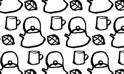 Vector pattern on the tea theme. Teapots, cups, leaves. Black on white, calligraphy, hand drawing, ink. Wallpaper, background, wrapping paper, fabric, tea ceremony, tea shop. Eps10