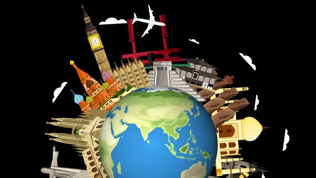 Tourist International Destination with Earth Planet and Popular Places For Vacation and Traveling. Travel To Famous Landmarks Around The world Globe. animation isolated on black background.    Alpha 