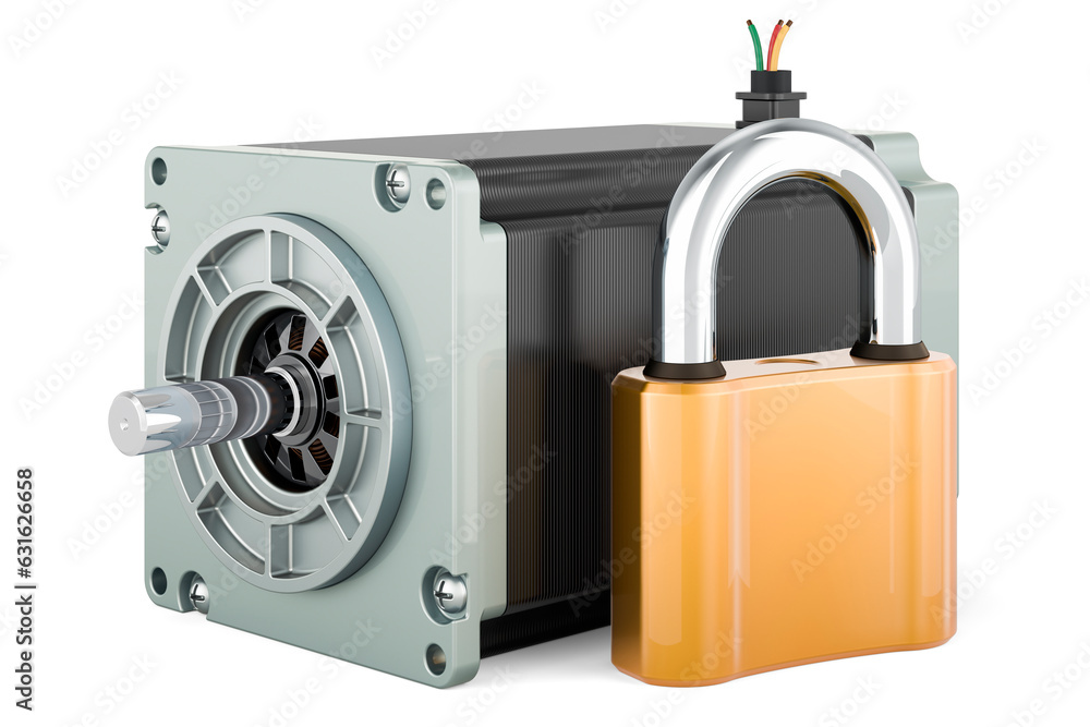 Poster stepper motor with padlock, 3d rendering