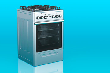 Gas range with oven and 4 burners, on blue background. 3D rendering