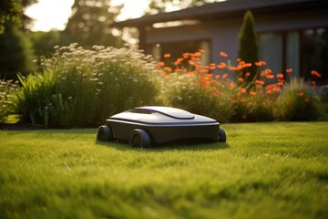 Sunny scene featuring a robotic lawn mower in action. - obrazy, fototapety, plakaty