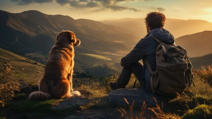 friendship concept picture of a man and his dog travel together at beautiful mountain range.