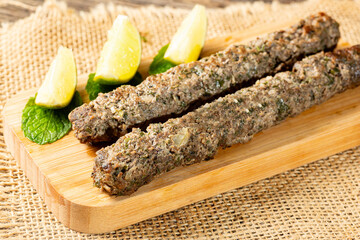 Roasted Kafta, Kafta-style roasted ground beef, typical areabe food (Espetinhos de Kafta, Original Kafta arabe.)