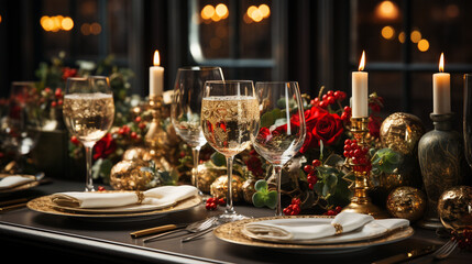 Fototapeta na wymiar festive christmas dinner setting. Seasonal holiday dining background made with AI generative technology