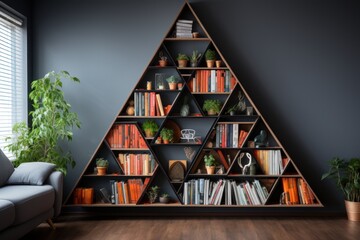 A wall mounted book rack made with geometric shapes.