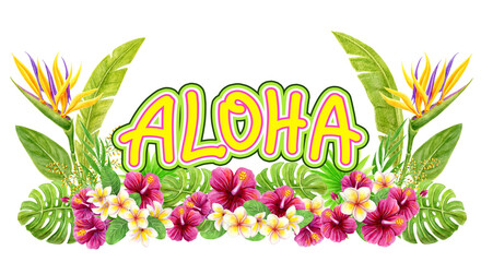 Tropical flowers. Watercolor painting with strelitzia, hibiscus, frangipani and palm leaves. Design border element. Aloha Hawaii greeting. © Marisha