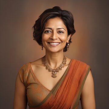 Portrait of a Middle Aged Indian Woman Headshot on a Brown Background 