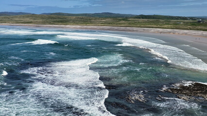 Aerial view of Ballyliffin Beach Strand on the Atlantic Ocean in Co Donegal Ireland