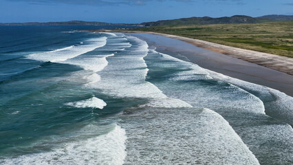 Aerial view of Ballyliffin Beach Strand on the Atlantic Ocean in Co Donegal Ireland