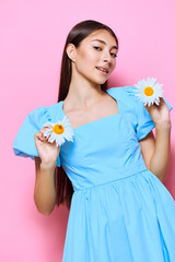 flower woman dress blue camomile clothing fashion pink smile studio young