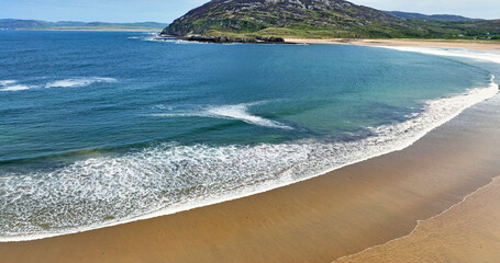 Aerial view of Beautiful Sandy Beach Tullagh Strand on the Atlantic Ocean County Donegal Ireland