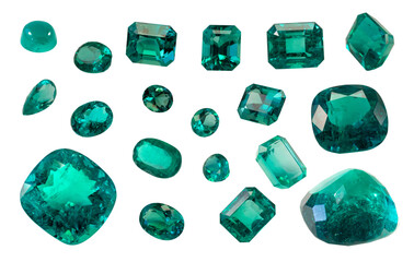 Set of real green jewels. Green emeralds from Muzo, Colombia, isolated on transparent background...